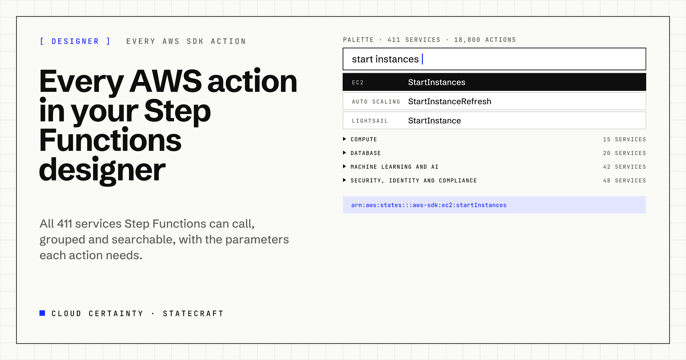 The designer palette searching start instances across 411 services and 18,800 AWS actions