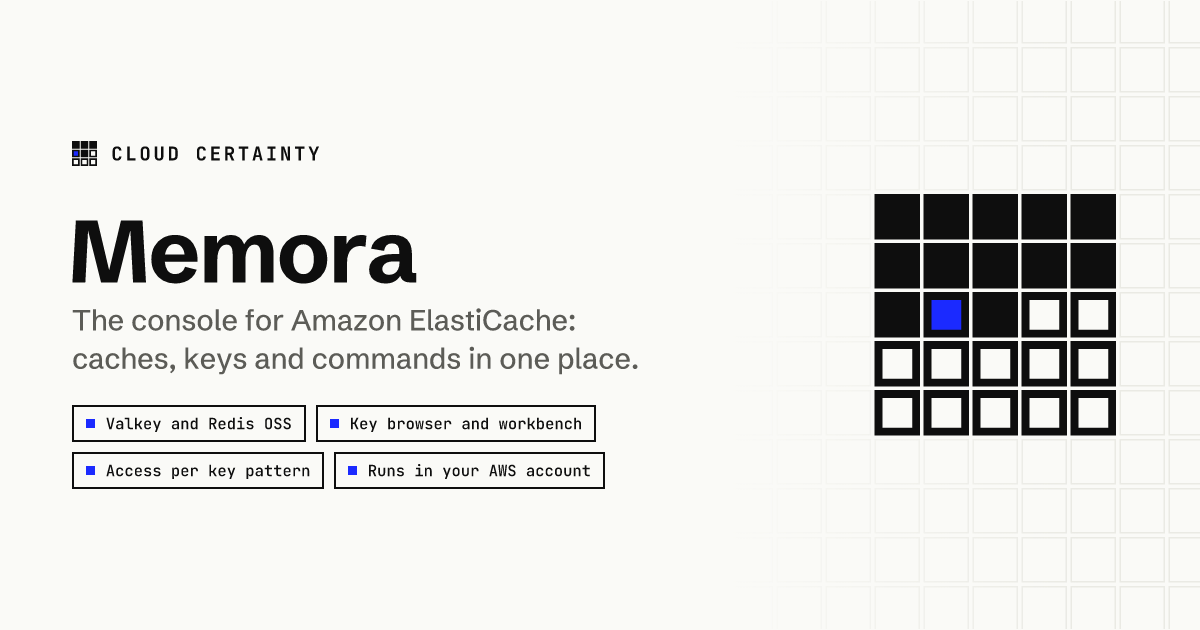 The Memora banner: the console for Amazon ElastiCache, with the memory cell mark and its four benefits
