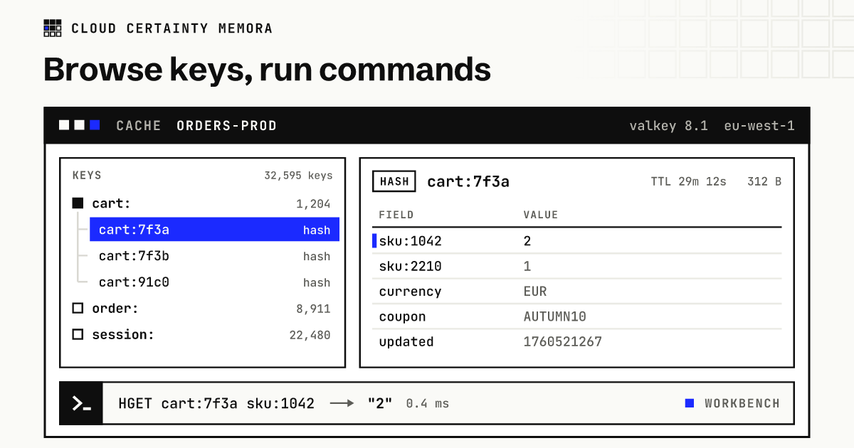 Memora's key browser with a cart hash open, and a workbench command returning a value from it